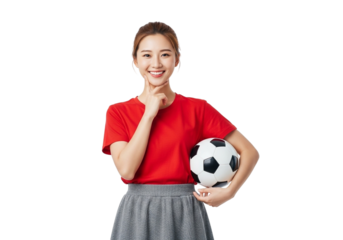 Young asian woman in red shirt and grey skirt holding a soccer ball isolated on transparent background