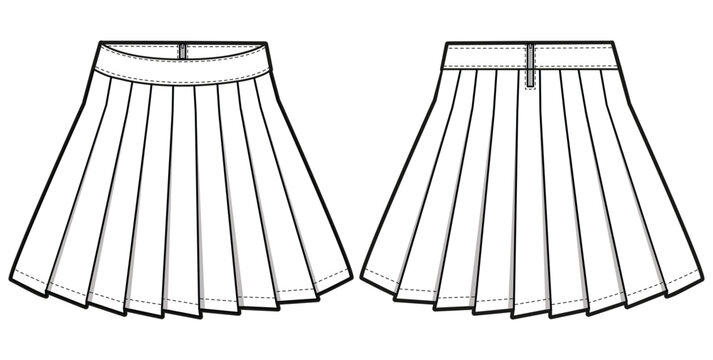 Pleated Skirt flat sketch fashion illustration drawing with front and back view, Pleated Mini skirt design cad vector template