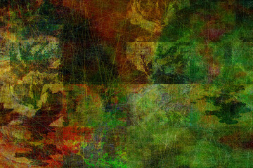Fototapeta premium Dark abstract composition with muted green and brown tones. Fine scratches form subtle intersecting patterns, giving the artwork an earthy and organic appearance similar to camouflage or aged fabric.
