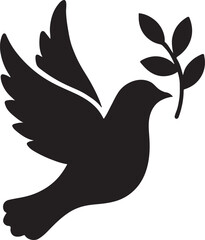 Bird flying upward carrying a branch silhouette, symbolizing peace, hope, and nature design.