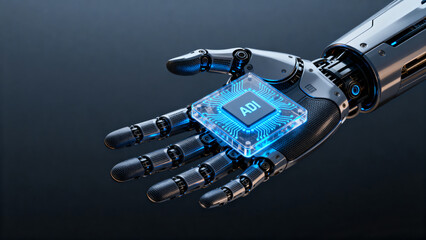 Robot hand holding glowing chip