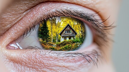 Reflection of a Cozy Cabin Surrounded by Colorful Autumn Foliage