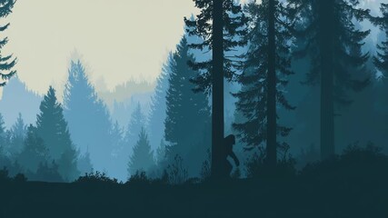 bigfoot in the dark forest, video line illustration of a mysterious cryptid creature walking through woods