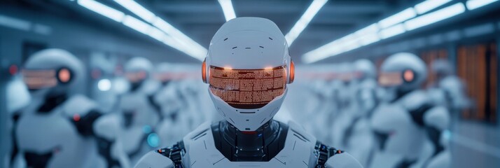 Futuristic robots with led visors in a high-tech corridor