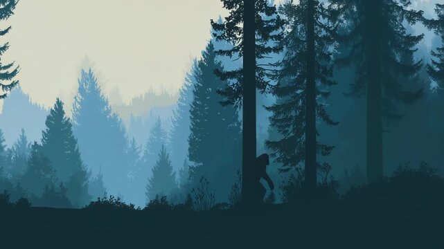 bigfoot in the dark forest, video line illustration of a mysterious cryptid creature walking through woods
