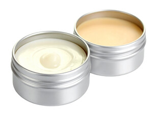Makeup setting balm in a small white tin, isolated on white, for long-lasting makeup
