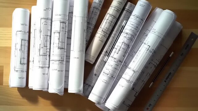 Rolled blueprints and architectural drawings stacked on a wooden surface, showcasing technical plans and design documents for construction projects