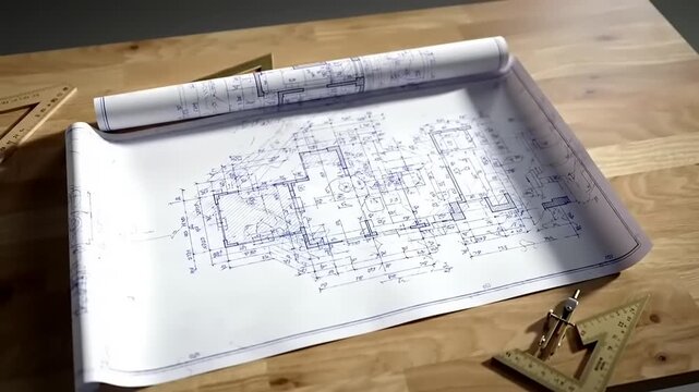 Architectural blueprint rolled out on a wooden surface, showcasing construction plans and engineering details