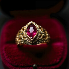 Ornate Gold Ring with Red Gemstone in Velvet Box