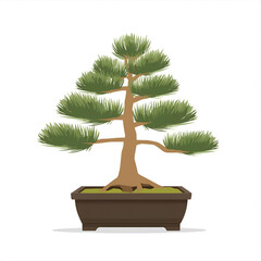 Artistically shaped evergreen bonsai tree in a square pot, symbolizing nature and tranquility.
