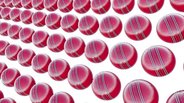 Rows of red cricket balls arranged in a uniform pattern against a plain background