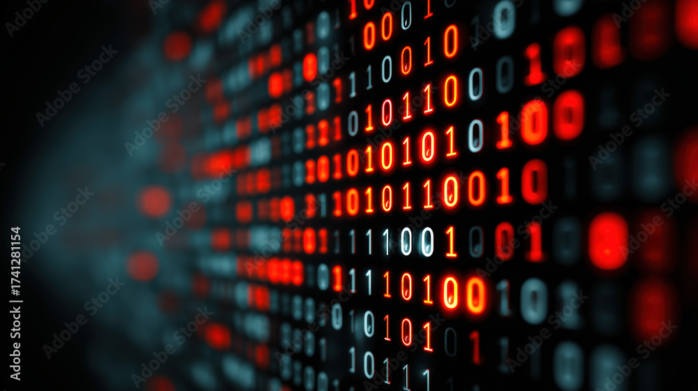 Wall mural futuristic binary code grid on dark digital background abstract technology data stream cyber network