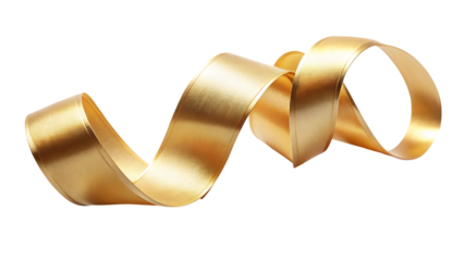 A golden ribbon gracefully curls and twists isolated on transparent background, its metallic sheen catching the light, creating a sense of celebration and luxury