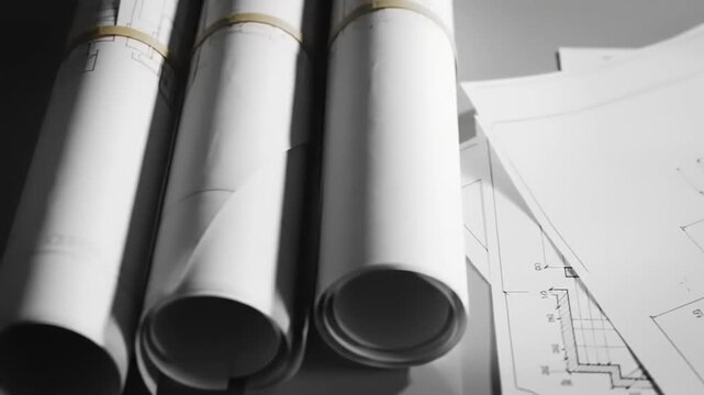Architectural drawings and blueprints rolled up, showcasing detailed designs and plans on paper, ready for construction projects