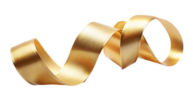 A golden ribbon gracefully curls and twists isolated on transparent background, its metallic sheen catching the light, creating a sense of celebration and luxury