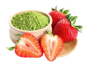 Strawberry flavored matcha tea powder, modern beverage mix isolated on white