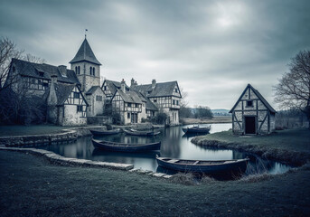 Desolate medieval village with robed figures by water