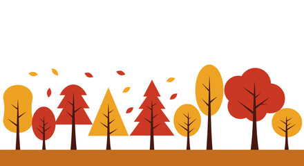 Flat vector illustration of autumn trees with falling leaves, simple clean design, white background, minimal style
