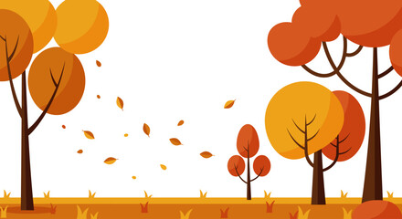 Flat vector illustration of autumn trees with falling leaves, simple clean design, white background, minimal style