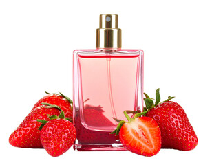 Strawberry perfume bottle with red liquid, isolated on white, sweet feminine fragrance