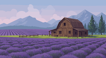 Rustic farmhouse with lavender field and mountains, flat vector style, soft color palette