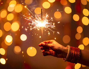 Hand holding a sparkler with bokeh lights in the background, celebrating Diwali festival.