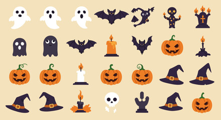Obraz premium Set of Halloween icons including ghosts, bats, pumpkins, and witches hat, flat vector design