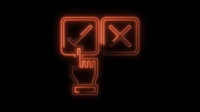 Luminous neon hand choosing tick or cross option on black background
