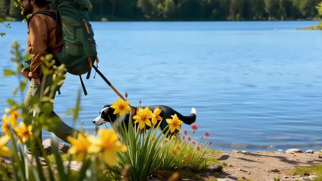 Outdoor adventurer with a large backpack and walking stick, strolls along a scenic lakeside path, accompanied by a playful dog, surrounded by vibrant flowers and lush greenery, showcasing nature's bea