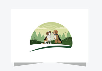 Dog logo icon design, Two dogs sitting in nature vector  design 