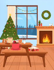 Cozy Christmas Scene with Fireplace and Decorated Tree.