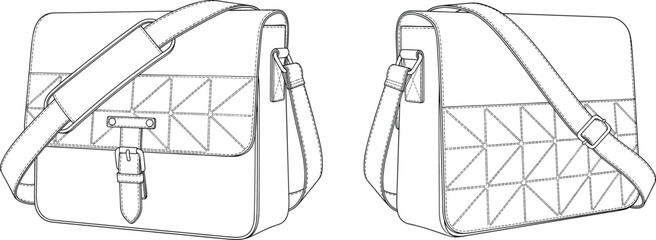 Messenger shoulder bag design, geometric triangle pattern, fashion accessory, cad drawing flat vector illustration, modern stylish handbag, product mockup