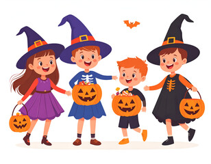 Happy children in Halloween costumes trick or treating with pumpkin baskets.