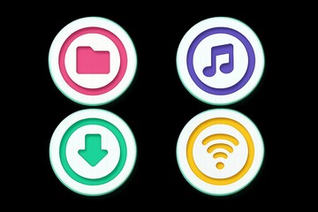 Four colorful circular icons representing file folder music download and wifi on a black background