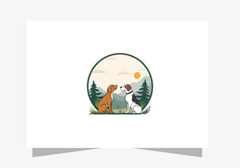 Dog logo icon design, Two dogs sitting in nature vector  design 