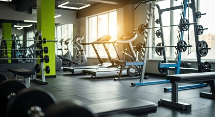 Fototapeta premium A spacious gym with various exercise equipment, including treadmills, stationary bikes, and free weights.