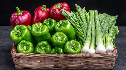 Fresh Assortment of Colorful Bell Peppers and Green Onions