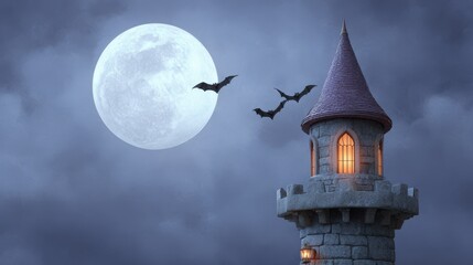Naklejka premium Halloween concept. Mysterious tower under a full moon with flying bats.
