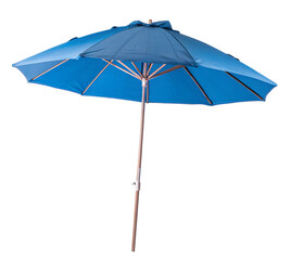 Open blue beach umbrella providing shade from sun on a clear day