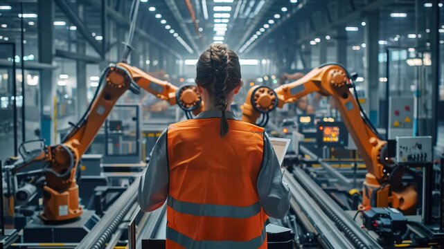 female engineer stands in high-tech factory, woman checking tablet to oversee operations, person inspecting modern industrial automation and quality control processes maintenance