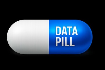 Conceptual image of a blue and white capsule labeled data pill representing information and digital solutions