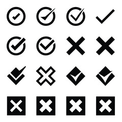Obraz premium Collection of black checkmark and cross icons on white background tick