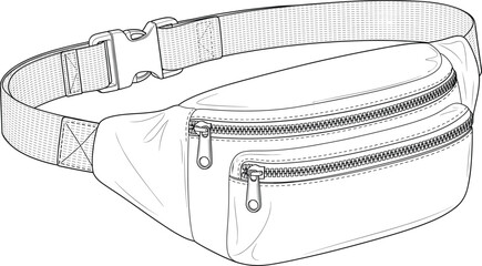 Waist bag fanny pack line art, detailed cad drawing flat vector illustration, adjustable strap buckle design, fashion accessory sketch