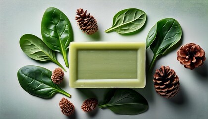 natural organic soap bar surrounded by fresh green spinach leaves and pinecones top view