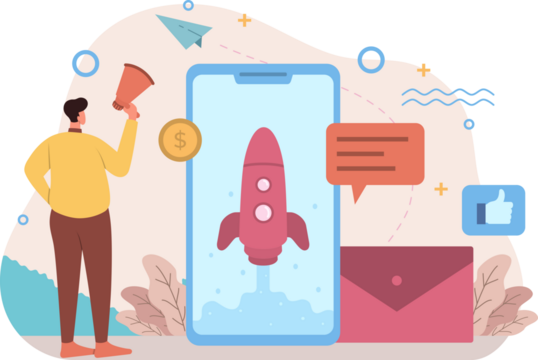 Digital Marketing Campaign Illustration with Smartphone Rocket Launch and Megaphone in Transparent Background