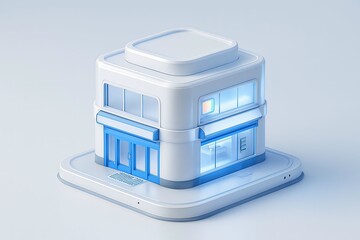 Modern futuristic white building with glowing blue lights on a white base against a light background