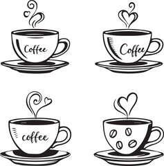 Obraz premium Coffee cup icon set with heart-shaped steam and saucer styles in black silhouette café design