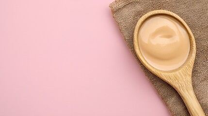 Creamy Sauce in Wooden Spoon on Pink Background with Linen Texture