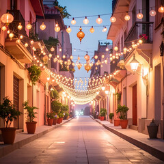 Festive Evening on a Narrow Street with Hanging Lanterns and Lights.