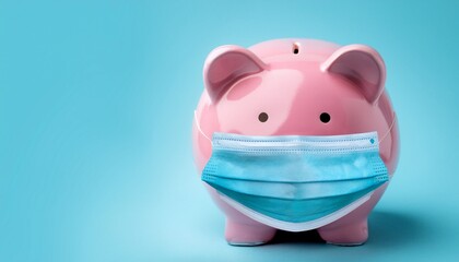 a pink piggy bank wearing a blue medical face mask on a light blue background